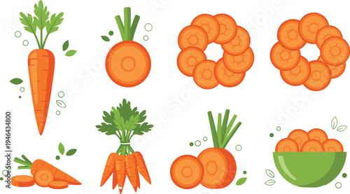 Fresh carrot vegetable set with whole carrots slices carrot bunch and bowl of sliced carrots healthy organic food flat vector illustration