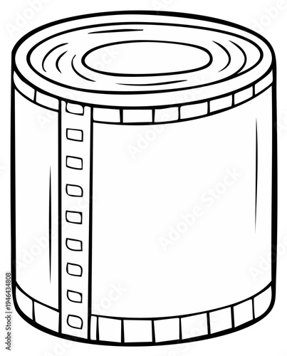 Cartoon Style Film Canister: Black and White Outline Drawing of a Movie Reel Container for Archiving Film.