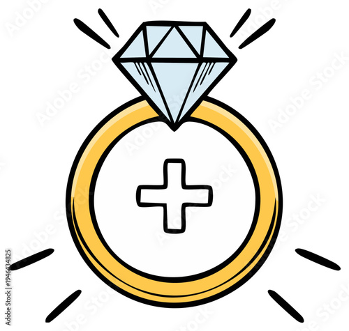 Diamond engagement ring with a plus symbol illustration