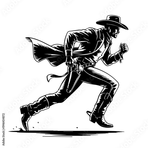 Cowboy in Action Running Across Dusty Frontier With Determination and Wild West Energy Vector