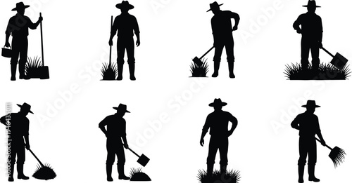Collection of farmer silhouette characters using shovel rake and farming tools in field, agriculture worker poses isolated black vector set for rural farming activity illustration
