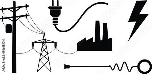 Vector illustration of electricity power system silhouettes including transmission tower, utility pole, plug, factory, lightning bolt, and circuit design elements