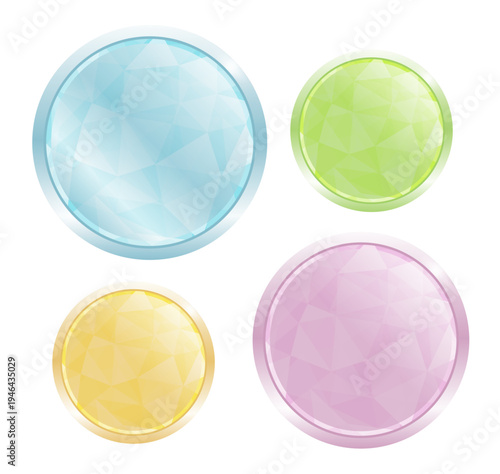パステルカラーのポリゴンパターン背景を持つ円形ガラスボタンと宝石バッジのベクターUI素材セット（Web、アプリ、ゲームUI、アイコン、バナー用）