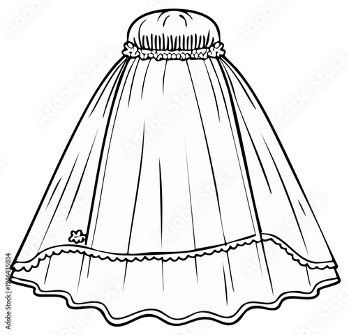 Elegant Vector Illustration of a Classic Bridal Veil, Outlined in Black and White