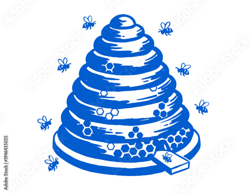 Blue beehive illustration, bees flying, honeycomb pattern, vintage rustic graphic, honey production, natural organic food, apiary design, sweet nature drawing