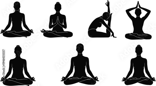 Collection of female yoga meditation silhouettes sitting in lotus pose and stretching isolated on white background representing mindfulness, wellness, relaxation and healthy lifestyle