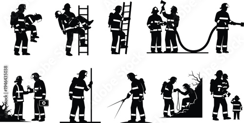 Collection of firefighter silhouettes performing rescue, ladder climbing and emergency response actions isolated on white background representing fire safety, rescue service and heroism