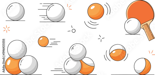 Table tennis ping pong balls and paddle collection with bouncing spinning motion sport equipment flat vector illustration set