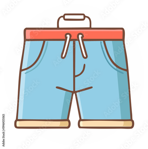 Cartoon style illustration of cute light blue shorts with drawstring waistband and pockets