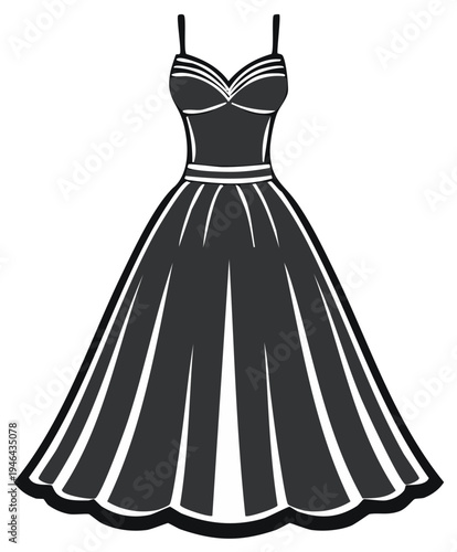 Elegant retro style black evening gown with full skirt, a classic formal dress vector illustration