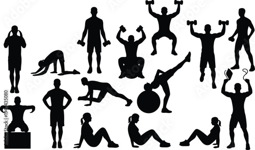 Collection of fitness workout silhouettes with men and women performing gym exercises, strength training, stretching and cardio poses isolated on white background for healthy lifestyle concept