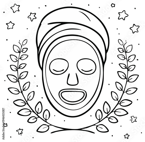 Facial mask graphic illustration with plants and stars, black and white outline.