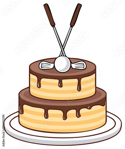 Tiered chocolate drizzled cake adorned with golf club and ball decoration