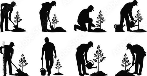 Collection of gardener silhouettes planting and watering young trees in different poses isolated on white background representing gardening, agriculture, environment care and nature growth