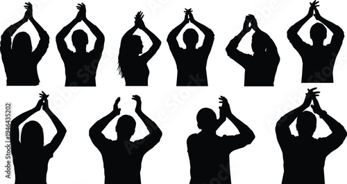 Collection of people clapping silhouettes with raised hands isolated on white background representing applause, appreciation, audience reaction and celebration
