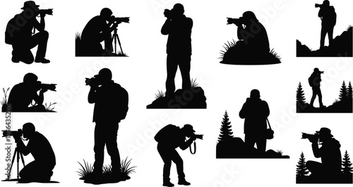 Collection of photographer silhouettes taking pictures with camera in outdoor and wildlife scenes isolated on white background representing photography, creativity and professional work
