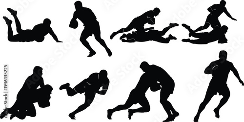 Collection of rugby player silhouettes running, tackling and passing ball isolated on white background representing intense sport action, teamwork and athletic competition