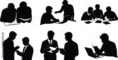"Collection of six silhouettes showing teamwork, study, tutoring, professional discussion, group learning, and laptop work, representing collaboration, education, mentorship, and office interaction"
