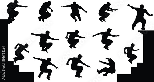 "Collection of silhouettes showing a person jumping across staircases, capturing dynamic motion, athletic energy, balance, fitness, and human biomechanics in sequential stages"