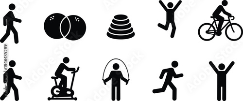 Collection of ten black silhouettes representing diverse physical activities including walking, cycling, running, jumping, rope skipping, and training — versatile fitness illustration 