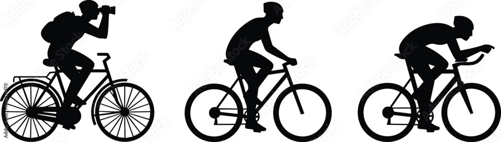 Fototapeta premium Cyclist riding bicycle silhouette set showing different cycling styles including photographer cyclist, casual rider and racing bike athlete isolated on white background for sport concept