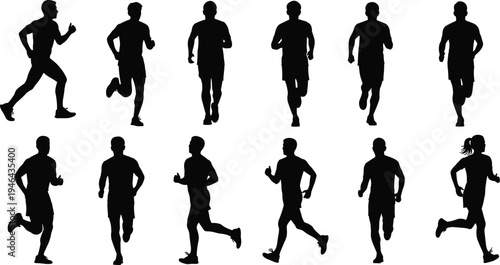 "Collection of twelve running silhouettes showing athletes in motion with varied strides and arm positions, representing fitness, speed, training, exercise, and human movement"
