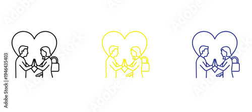  Minimalist Line Art Couple with Heart and Prayer Hands, Romantic Love and Spiritual Connection Vector Icon Set, Namaste Greeting Outline Illustration, Clean 2pt Stroke Design for Wellness