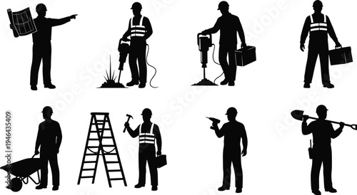 Construction worker silhouette collection with tools and equipment, builder, engineer, technician, drilling worker, ladder, wheelbarrow, hammer and shovel isolated vector icon set