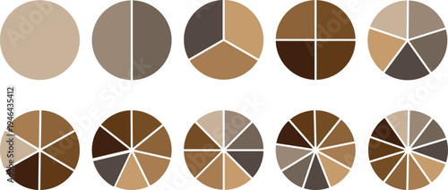 Pie chart set, segmented circle icons, circle diagram. Pie chart divided 1,2,3,4,5,6,7,8,9,10, equal parts. Infographic wheel segment or section parts. Pie charts diagrams.