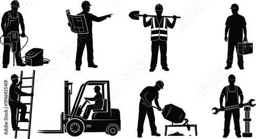 Construction worker silhouettes collection featuring builder engineer forklift operator cement mixing and maintenance tools isolated on white background industrial labor vector illustration set