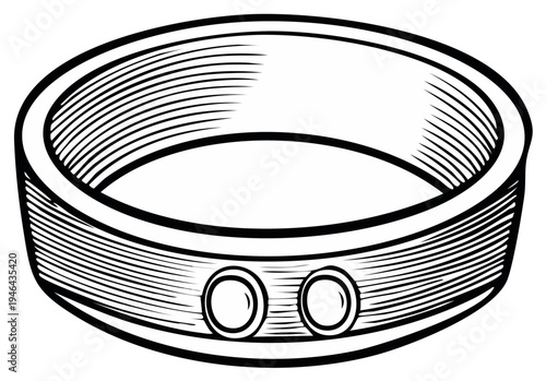 Monochrome illustration of a ring with two button style details in a linocut style