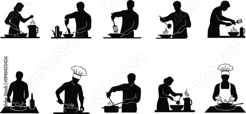 Cooking chef silhouette collection with people preparing food, frying, stirring, seasoning and kitchen activities isolated black vector chef and cooking icon set