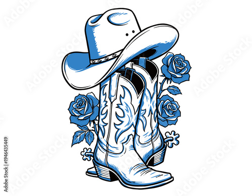 Cowboy hat, boots, spurs, blue roses, western illustration, wild west, country music, rustic, vintage, rodeo, tattoo style graphic