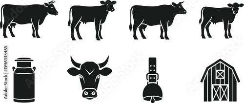 Cow and dairy farm silhouettes collection featuring cattle milk can barn and cow bell isolated on white background agriculture livestock vector set