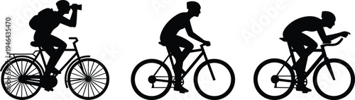 Cyclist riding bicycle silhouette set showing different cycling styles including photographer cyclist, casual rider and racing bike athlete isolated on white background for sport concept
