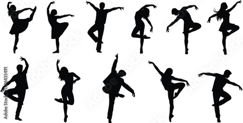 Dance performer silhouettes collection showing male and female dancers in elegant ballet and contemporary poses isolated on white background performing arts vector set