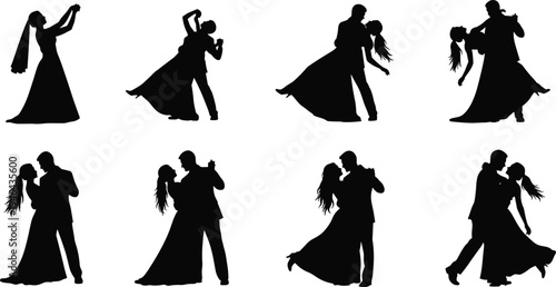 "Collection of eight ballroom dance silhouettes showing couples in elegant poses, dips, and stances, representing romance, performance, movement, celebration, and artistic expression"