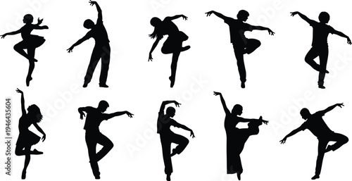 Dancer silhouettes collection showing ballet and contemporary dance poses with male and female performers isolated on white background performing arts vector illustration set