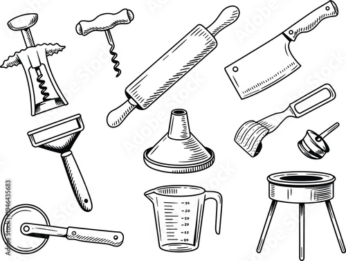 Vintage kitchen tools illustration set, cooking utensils, rolling pin, cleaver, corkscrew, measuring cup, hand drawn vector collection