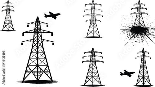 Vector illustration of electrical transmission towers with airplanes flying nearby, energy infrastructure concept, power line design for industrial safety visuals