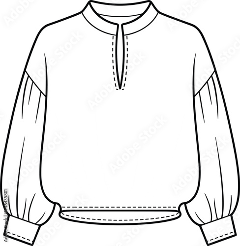 Traditional blouse line art vector, long sleeve peasant shirt outline illustration, vintage clothing design isolated fashion apparel template