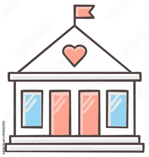Illustration of marriage license bureau with flag, love heart on building, symbolizes weddings and civil unions