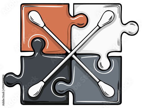 Four Puzzle Pieces Interlocking with Crossed Cotton Swabs Graphic Illustration