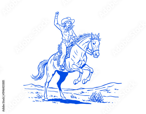 Cowgirl on rearing horse illustration, vintage western art, retro rodeo design, wild west rider, cowboy girl, triumph, blue line drawing, American frontier, country lifestyle, vector, classic