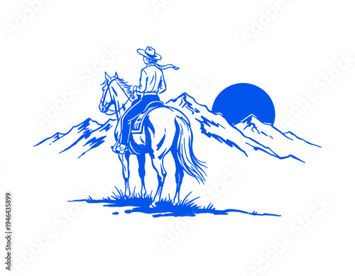Cowboy on horse, western mountains landscape, retro blue vector art, wild west rider, rustic design, equestrian illustration, country life, sunrise sunset