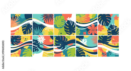 Set of 12 tropical leaf wave pattern vector backgrounds
