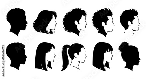 Diverse human profile silhouettes in black and white