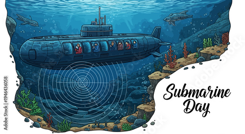 Vector illustration of a submarine underwater with fish and coral on Submarine Day with a deep blue ocean background.