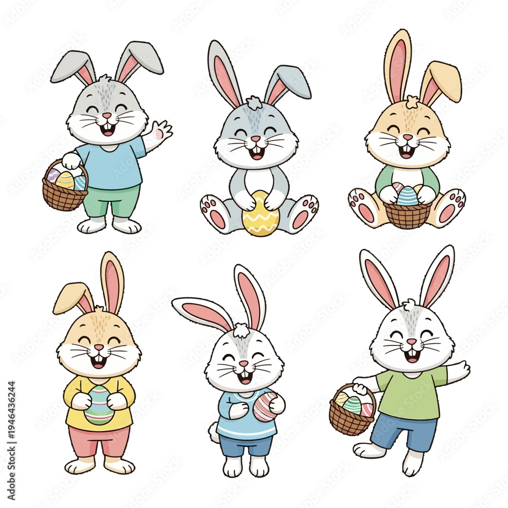 Fototapeta premium Joyful cartoon rabbits displaying festive eggs and baskets, celebrating spring