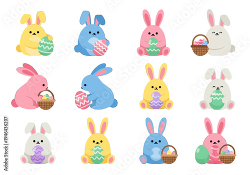 Cute Easter Bunnies and Painted Eggs Collection for Spring Holidays
